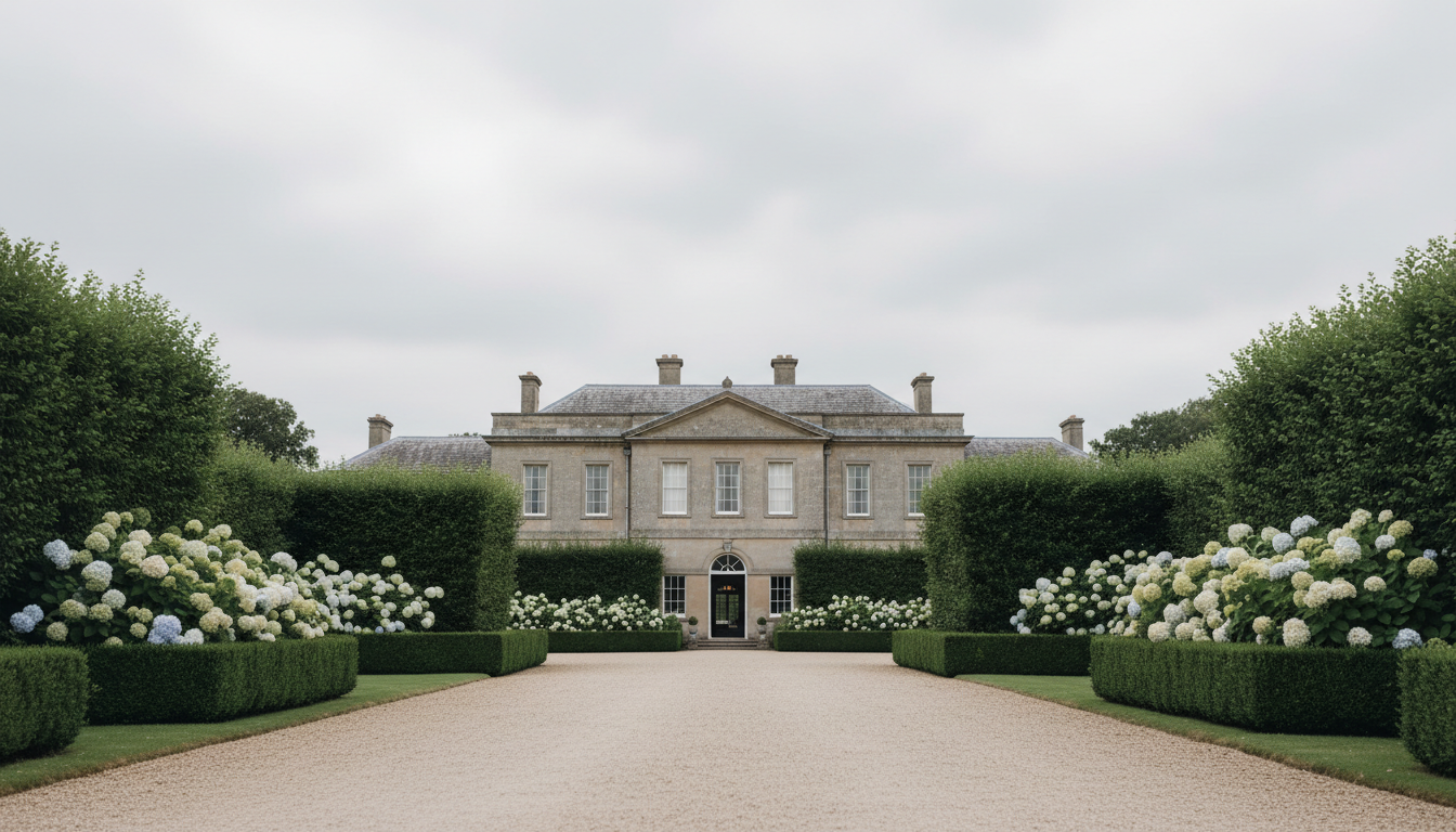 A scenic, photographic depiction of a stately manor wedding venue, its refined stone facade framed by manicured boxwood hedges and understated garden accents such as pale hydrangea blooms. The muted, overcast daylight blankets the scene in a gentle, subdued palette with soft gradients in the sky, casting even, flattering light across the property and enhancing the elegant architecture. Shot from a low angle, the sweeping path leading to the entrance draws the viewer’s gaze inward. The image exudes tranquility and exclusivity, creating a sense of place without distraction. The style is refined, subtle, and minimalist, reinforcing the sophisticated character of the wedding event website.