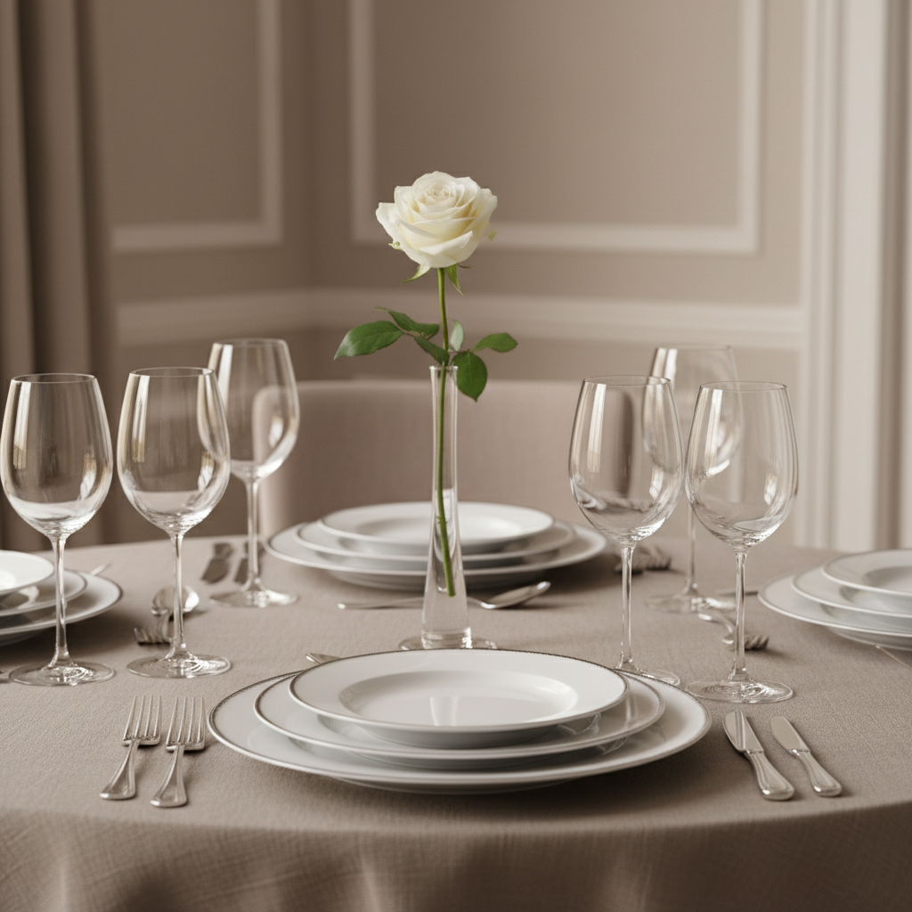 A meticulously styled table setting featuring fine bone-white porcelain plates edged with subtle platinum detailing, layered over a muted taupe linen tablecloth. Crystal wine glasses and minimalist silver cutlery are precisely arranged, with a single, understated white rose in a slender glass vase as the centerpiece. The table is set within an elegant, softly lit venue with blurred neutral walls in the background—no visible guests, just ambiance. Soft, warm ambient lighting creates gentle highlights and faint shadows, emphasizing the textures of the linens and the polished surface of the glassware. Shot from a slightly elevated angle with clear focus on the details, the image conveys a mood of sophistication, intimacy, and understated luxury, embodying the photographic realism and minimalist elegance of the site.