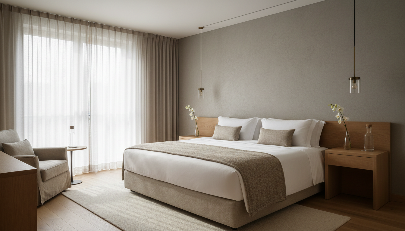 A serene, photographic interior view of an elegantly appointed guest room designed for wedding attendees. The scene centers on a generously sized bed with crisp white linens and a taupe cashmere throw, flanked by minimalist light oak nightstands topped with delicate glass water carafes and a single pale orchid in a thin vase. The room is bathed in soft, overcast morning light filtering through sheer floor-length curtains, creating smooth gradients of light and shadow across the room. The mood is restful and warm, inviting guests to unwind in comfort. Captured from an eye-level angle, the composition highlights the room’s simplicity and elevated details, perfectly matching the site’s focus on refined hospitality.