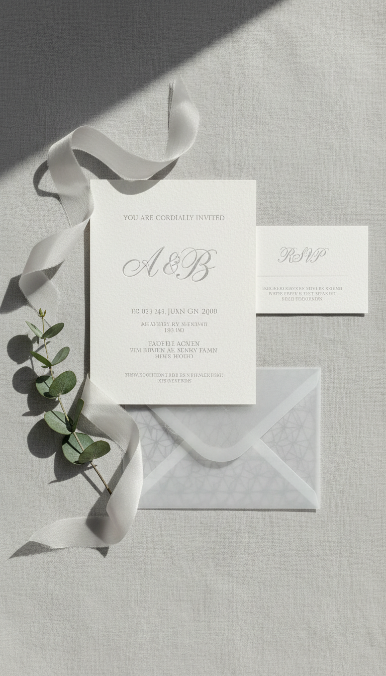 An elegantly arranged flat lay of delicate wedding stationery, featuring a thick, textured ivory invitation card with embossed silver lettering and intricate monogram. The card is complemented by a matching RSVP card, a translucent vellum envelope with subtle silver liner, and a silk ribbon elegantly draped across the arrangement. Positioned on a soft grey linen surface with minimal props—perhaps a slender sprig of eucalyptus for organic contrast. Gentle, diffused daylight filters in from the left, casting refined, gentle shadows. The composition is photographed from directly above, balanced by ample negative space. The atmosphere is sophisticated and calm, evoking anticipation and grace, in a clean, minimalist photographic style to match the site’s refined personality.